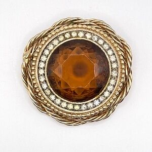 Capri Signed Vintage Pin Brooch Pendant Gold Tone Topaz Faceted Glass Stone